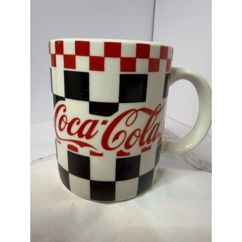 Coca-Cola Mug Black, White, Red Checkered Coffee Cup - 1997 Gibson